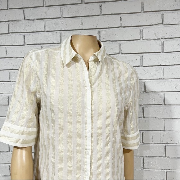 New York & Company Women’s White Gold Striped Short Sleeve Button Down - Picture 2 of 9